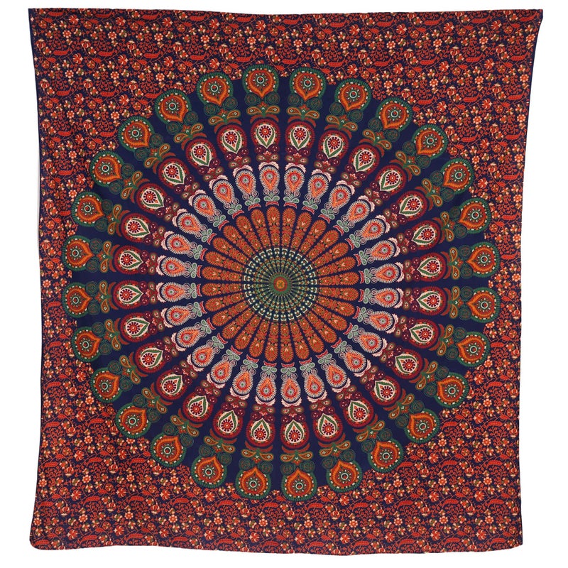 Bless International Handmade Indian hippie Bohemian Psychedelic Peacock Mandala Wall hanging College Dorm Beach Throws Table Cloth Bedding Tapestry (Golden Red Green, Queen(84x90Inches)(215x230Cms)) - Image 3
